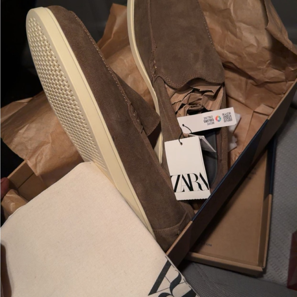 Zara Men's Brown Suede Slip-On Loafers with Cream Sole